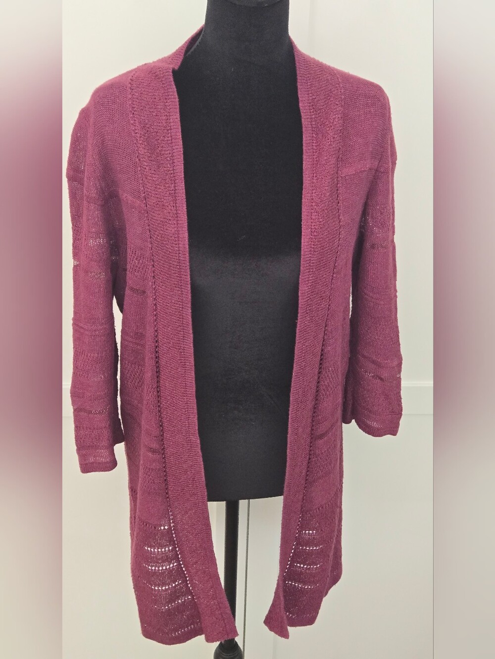 Coldwater Creek Linen Blend Pointelle Knit Longline Cardigan Open Front Small 8